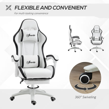 Racing Gaming Chair with Reclining, 360° Swivel, Footrest & Removable Headrest - White and Black