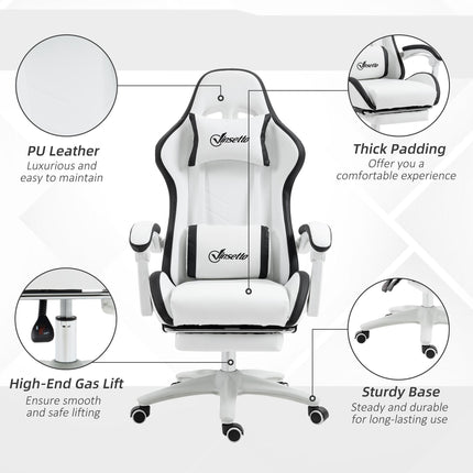 Racing Gaming Chair with Reclining, 360° Swivel, Footrest & Removable Headrest - White and Black