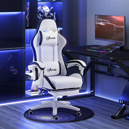 Racing Gaming Chair with Reclining, 360° Swivel, Footrest & Removable Headrest - White and Black