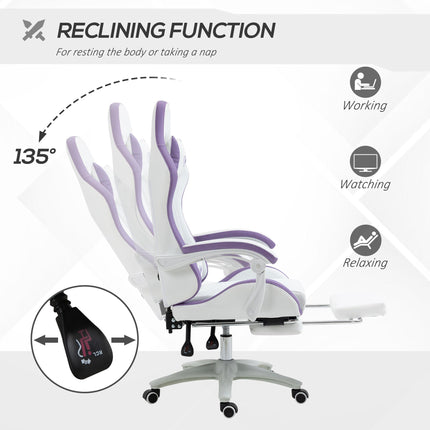 Racing Gaming Chair with Reclining, Footrest, Headrest & Lumbar Support - Purple