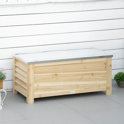 155L Outdoor Storage Box with Metal Top and Shutter Walls, Wooden Outside Tool organiser Container, for Garden, terrace