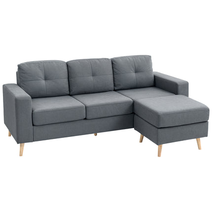 3 Seater Sofa with Footstool, Fabric L-Shaped Sofa, Sectional Couch with Wood Le