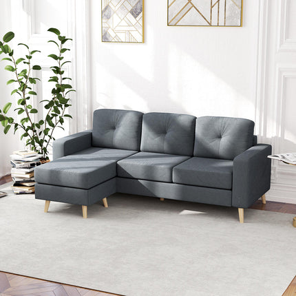 3 Seater Sofa with Footstool, Fabric L-Shaped Sofa, Sectional Couch with Wood Le
