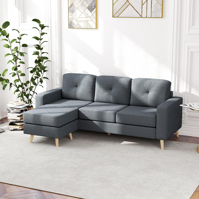 3 Seater Sofa with Footstool, Fabric L-Shaped Sofa, Sectional Couch with Wood Le