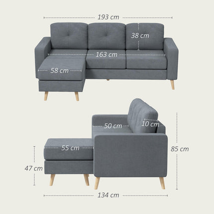 3 Seater Sofa with Footstool, Fabric L-Shaped Sofa, Sectional Couch with Wood Le