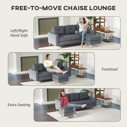 3 Seater Sofa with Footstool, Fabric L-Shaped Sofa, Sectional Couch with Wood Le