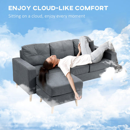 3 Seater Sofa with Footstool, Fabric L-Shaped Sofa, Sectional Couch with Wood Le