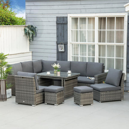 7 Piece 10-Seater Rattan Garden Sofa Set with Cushions, Footstools & Expandable Glass Table - Grey
