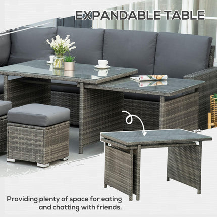 7 Piece 10-Seater Rattan Garden Sofa Set with Cushions, Footstools & Expandable Glass Table - Grey
