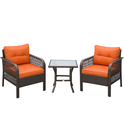 3-Piece Patio PE Rattan Bistro Set with Padded Armrest Chairs & Coffee Table - Orange