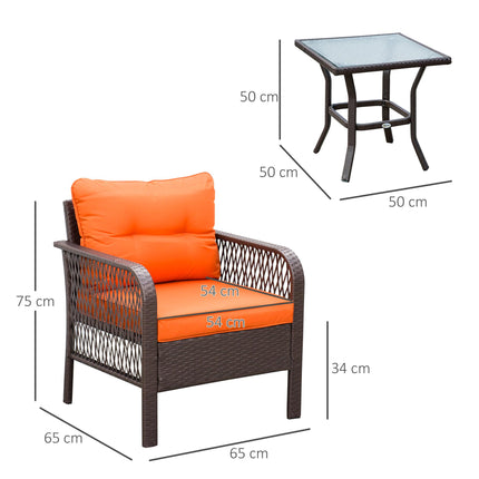 3-Piece Patio PE Rattan Bistro Set with Padded Armrest Chairs & Coffee Table - Orange