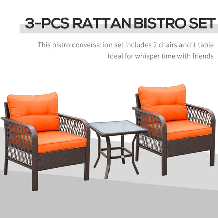 3-Piece Patio PE Rattan Bistro Set with Padded Armrest Chairs & Coffee Table - Orange