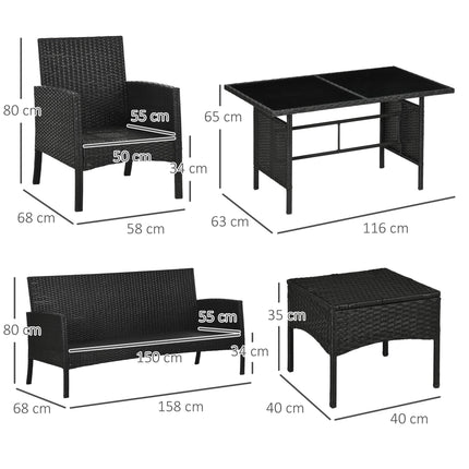 6 Piece Rattan Garden Furniture Set with Cushions and Glass Table - Black
