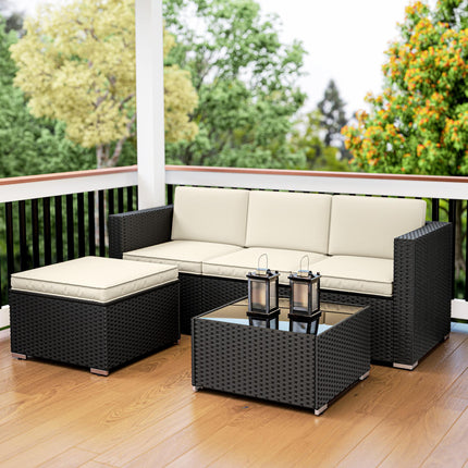3 Pieces Garden Furniture Set w/ Cushions, PE Rattan Wicker Conversation Corner Sofa Set