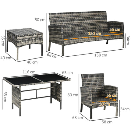 5 Seater Rattan Garden Furniture Set with 2 Armchairs, 3-Seater Sofa, 2 Footstools & Glass Table - Grey