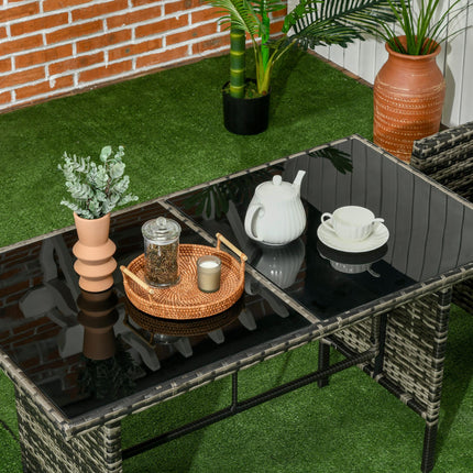 5 Seater Rattan Garden Furniture Set with 2 Armchairs, 3-Seater Sofa, 2 Footstools & Glass Table - Grey