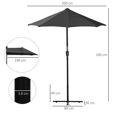 2 Metre Half Parasol With Crank Handle And Double-Sided Canopy - Black