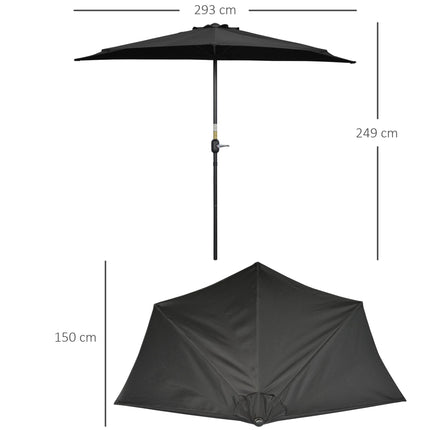 3 Metre Half Round Patio Parasol with Crank Handle - Black
