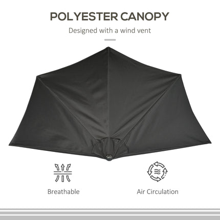 3 Metre Half Round Patio Parasol with Crank Handle - Black