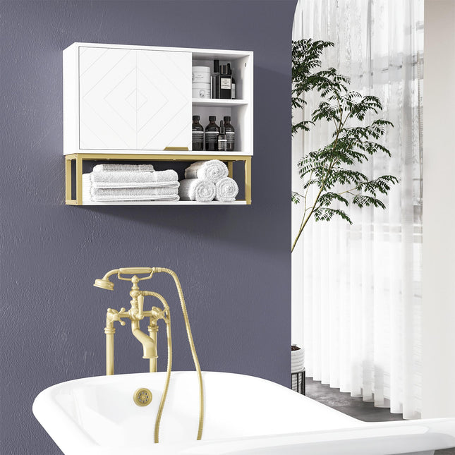 Modern Bathroom Wall Cabinet with Adjustable Shelves and Embossed Doors - White