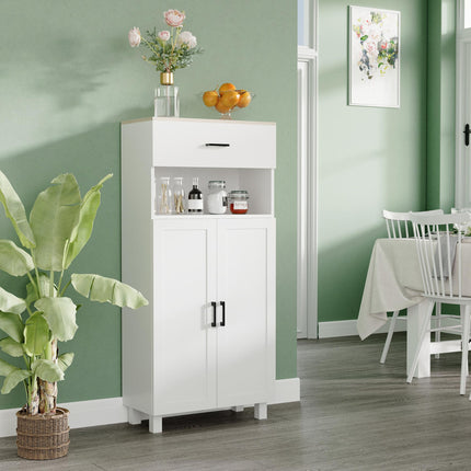 Freestanding Kitchen Cupboard 130cm with Drawer, Doors & Open Countertop - White