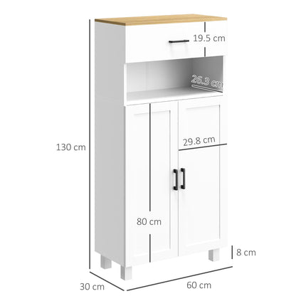 Freestanding Kitchen Cupboard 130cm with Drawer, Doors & Open Countertop - White