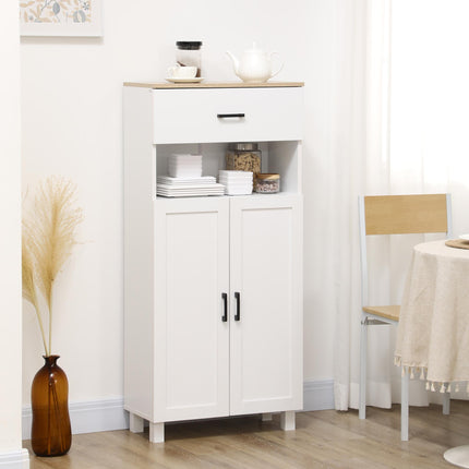 Freestanding Kitchen Cupboard 130cm with Drawer, Doors & Open Countertop - White