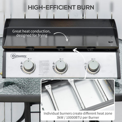 Portable Gas Plancha Grill with 3 Stainless Steel Burners 30,000 BTU - Black