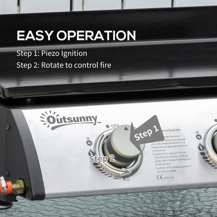 Portable Gas Plancha Grill with 3 Stainless Steel Burners 30,000 BTU - Black