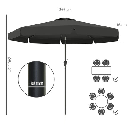 2.7m Patio Parasol Garden Umbrella with Tilt Crank & Ruffles, 8 Ribs - Black