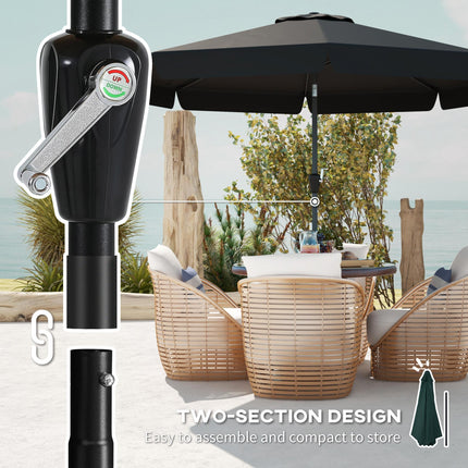 2.7m Patio Parasol Garden Umbrella with Tilt Crank & Ruffles, 8 Ribs - Black