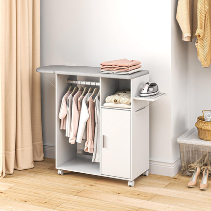 HOMCOM Rolling Ironing Board Cabinet, Foldable Ironing Station with Storage, Wheels for Home, Laundry Room, White