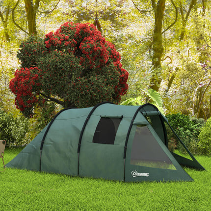 Two Room 4 Person Camping Tent with Windows and Carry Bag - Green