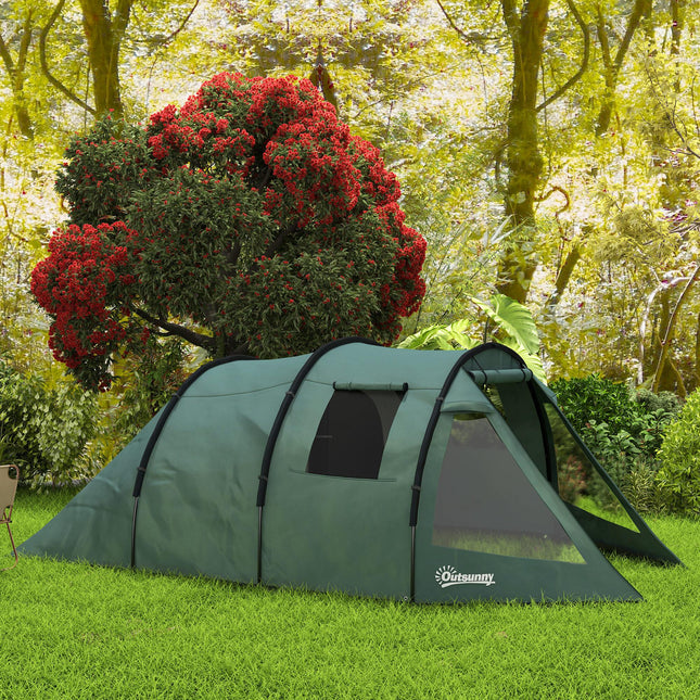 Two Room 4 Person Camping Tent with Windows and Carry Bag - Green
