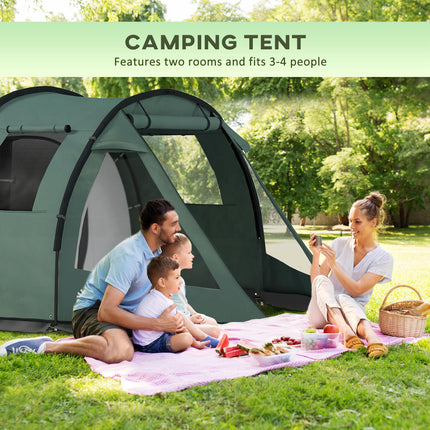 Two Room 4 Person Camping Tent with Windows and Carry Bag - Green