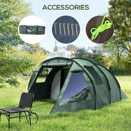 Two Room 4 Person Camping Tent with Windows and Carry Bag - Green