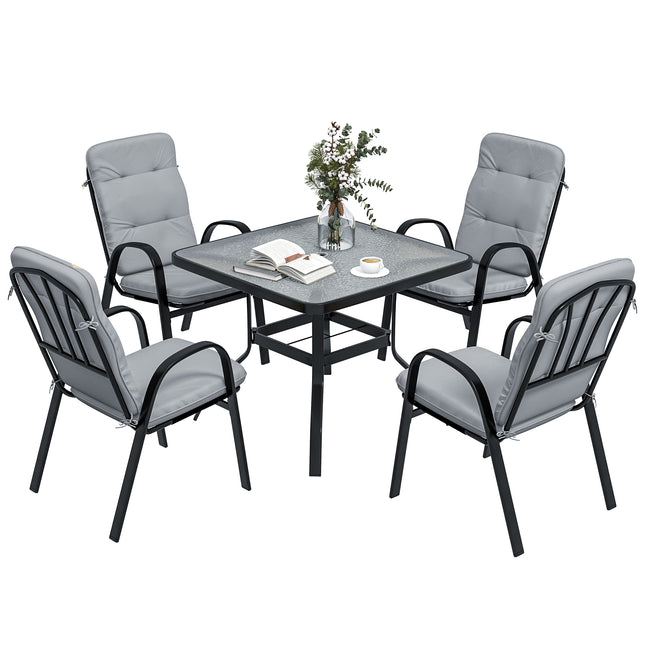 5-Piece Outdoor Garden Dining Set with Tempered Glass Table & 4 Cushioned Armchairs - Black
