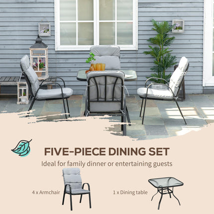 5-Piece Outdoor Garden Dining Set with Tempered Glass Table & 4 Cushioned Armchairs - Black