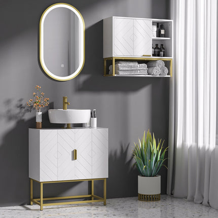 Modern Under Sink Storage Cabinet with Gold Legs and Embossed Doors - White