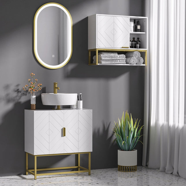 Modern Under Sink Storage Cabinet with Gold Legs and Embossed Doors - White