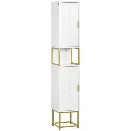 Narrow Bathroom Storage Cabinet with Adjustable Shelf and Gold Accents - White