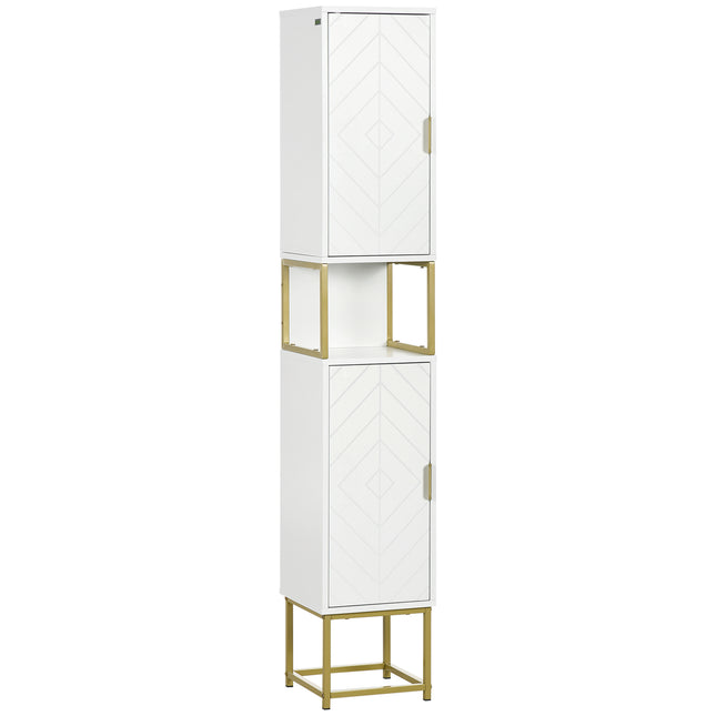 Narrow Bathroom Storage Cabinet with Adjustable Shelf and Gold Accents - White
