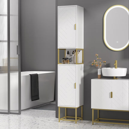 Narrow Bathroom Storage Cabinet with Adjustable Shelf and Gold Accents - White
