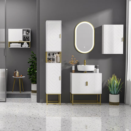 Narrow Bathroom Storage Cabinet with Adjustable Shelf and Gold Accents - White