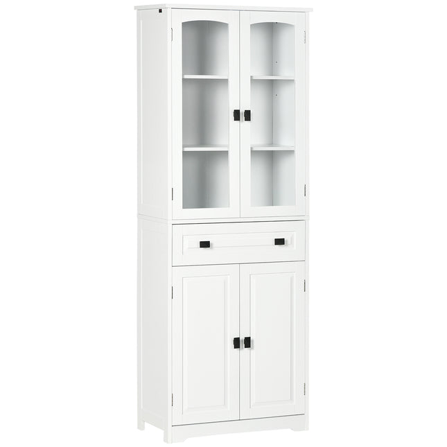 Freestanding Kitchen Cupboard with Adjustable Shelves, Drawer & Glass Door 160cm - White