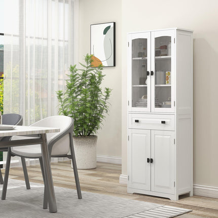 Freestanding Kitchen Cupboard with Adjustable Shelves, Drawer & Glass Door 160cm - White