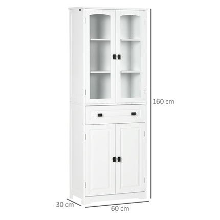 Freestanding Kitchen Cupboard with Adjustable Shelves, Drawer & Glass Door 160cm - White