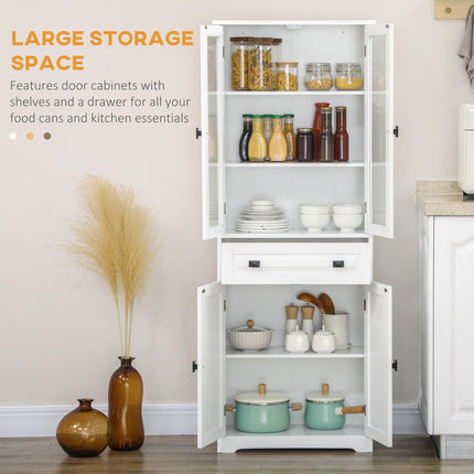 Freestanding Kitchen Cupboard with Adjustable Shelves, Drawer & Glass Door 160cm - White