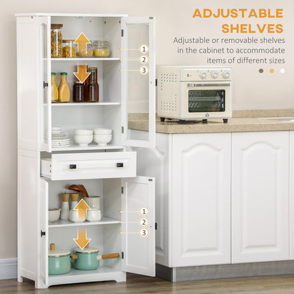 Freestanding Kitchen Cupboard with Adjustable Shelves, Drawer & Glass Door 160cm - White