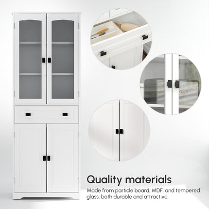 Freestanding Kitchen Cupboard with Adjustable Shelves, Drawer & Glass Door 160cm - White